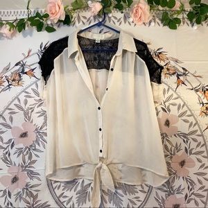 Lace shoulder crop top knot tied button-up blouse